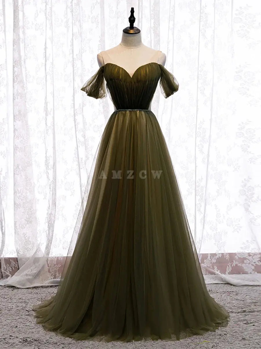 Amzcw Simple green tulle long prom dress green tulle evening dress formal wear dresses formal wear dresses