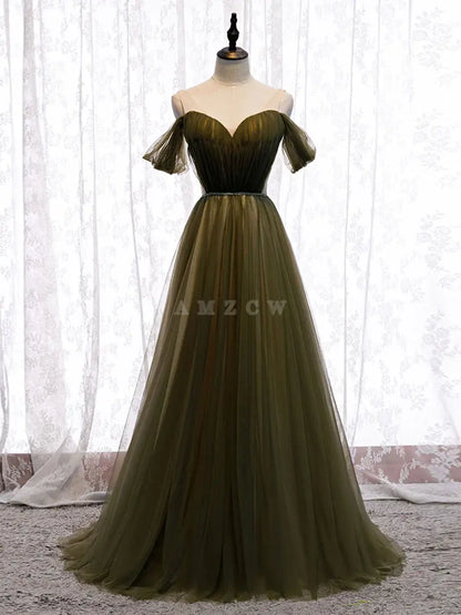 Amzcw Simple green tulle long prom dress green tulle evening dress formal wear dresses formal wear dresses