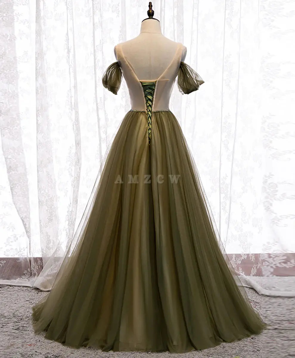 Amzcw Simple green tulle long prom dress green tulle evening dress formal wear dresses formal wear dresses