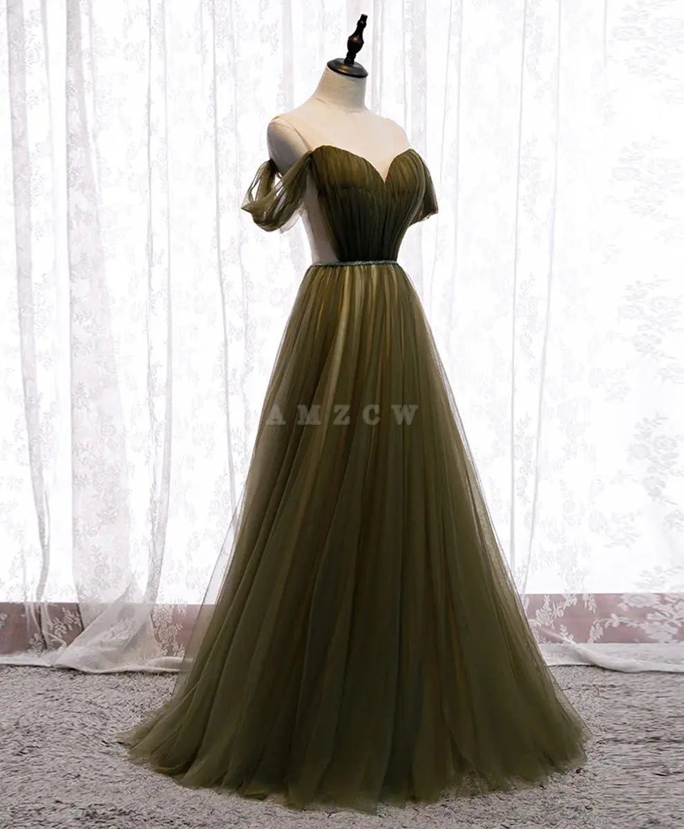 Amzcw Simple green tulle long prom dress green tulle evening dress formal wear dresses formal wear dresses