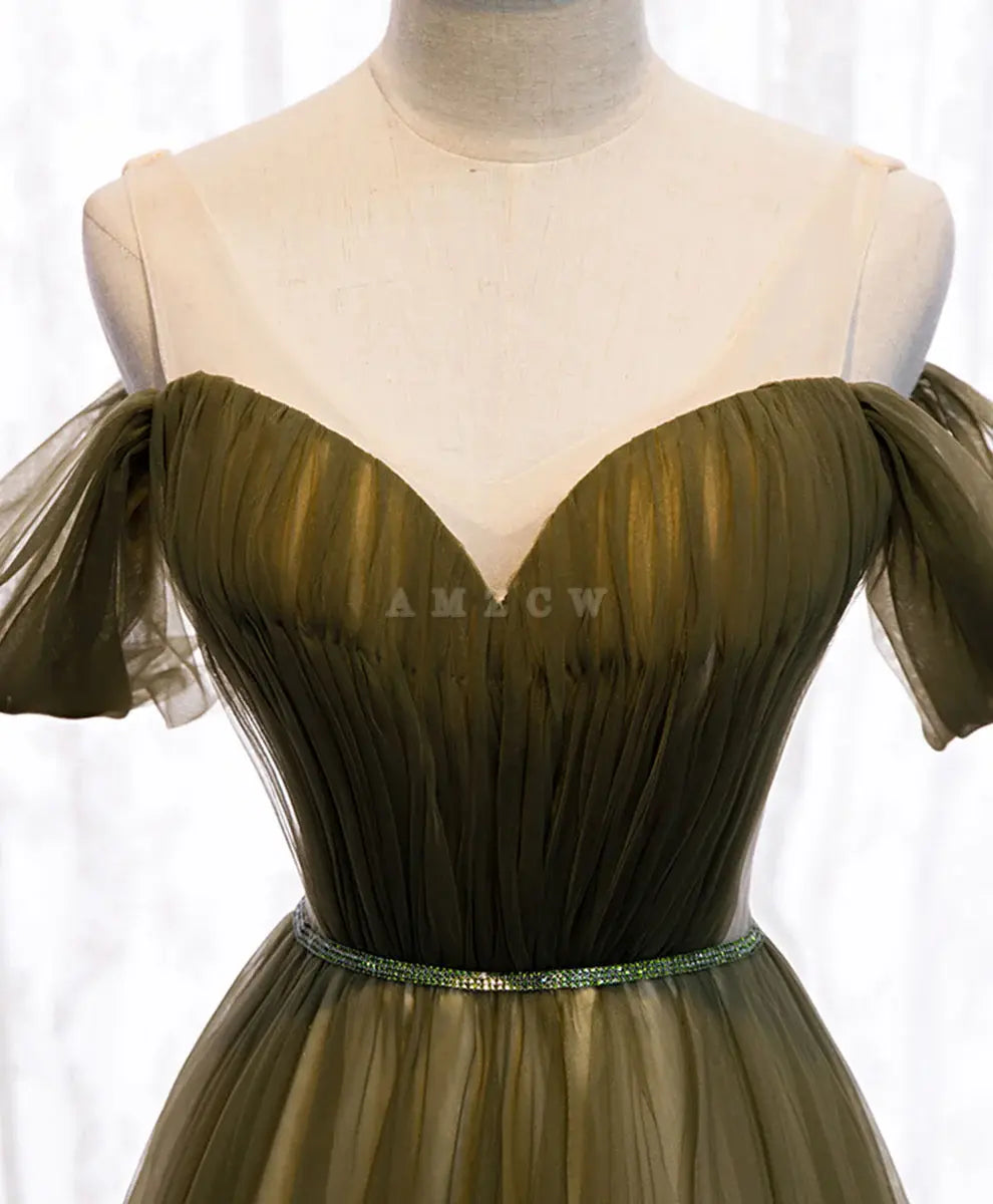 Amzcw Simple green tulle long prom dress green tulle evening dress formal wear dresses formal wear dresses