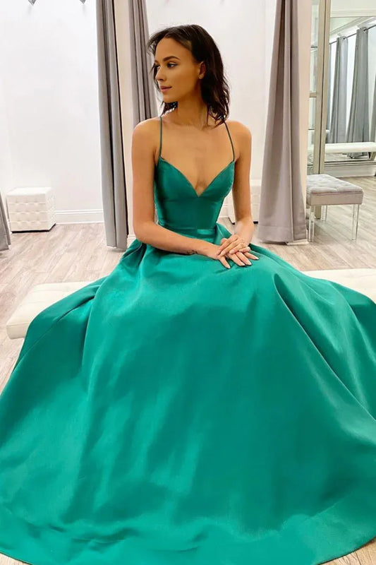 Amzcw Simple green v neck satin long prom dress green evening dress formal wear dresses