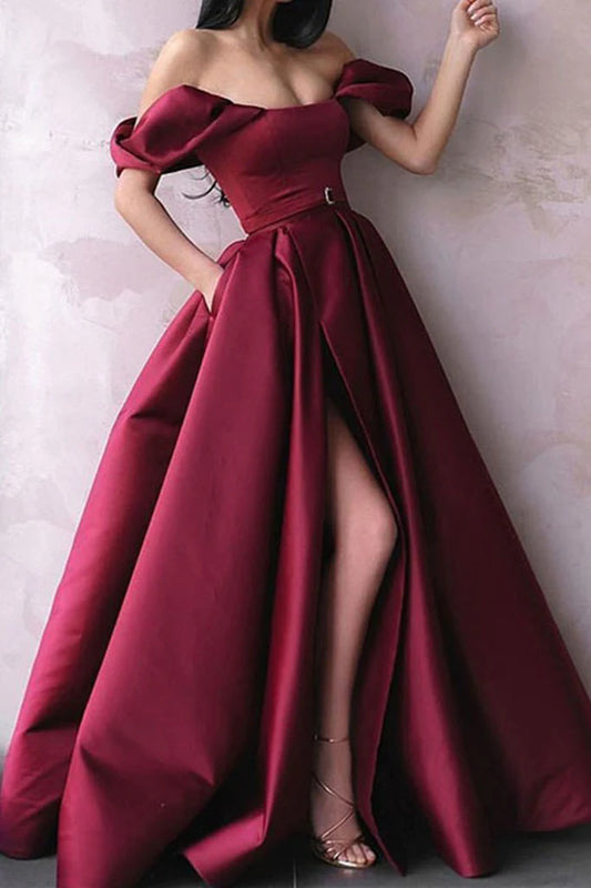 Amzcw Simple off shoulder satin burgundy prom dress long burgundy evening dress formal wear dresses