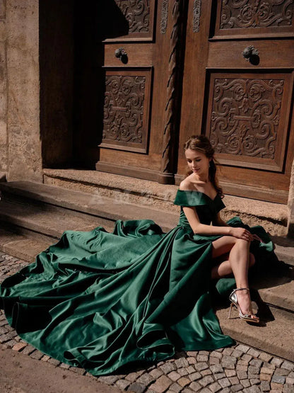 Amzcw Simple off shoulder satin green long prom dress green evening dress formal wear dresses