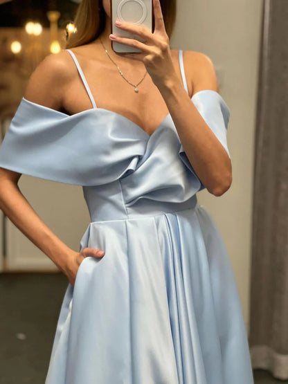 Amzcw Vestido de fiesta largo de satén con hombros descubiertos, sencillo, vestido de noche largo de satén, tiendas de vestidos de fiesta 