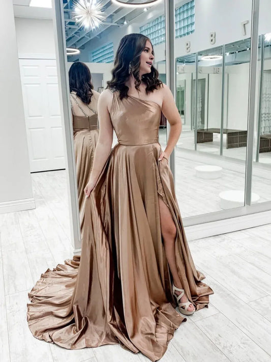 Amzcw Simple one shoulder satin long prom dress champagne evening dress formal wear dresses