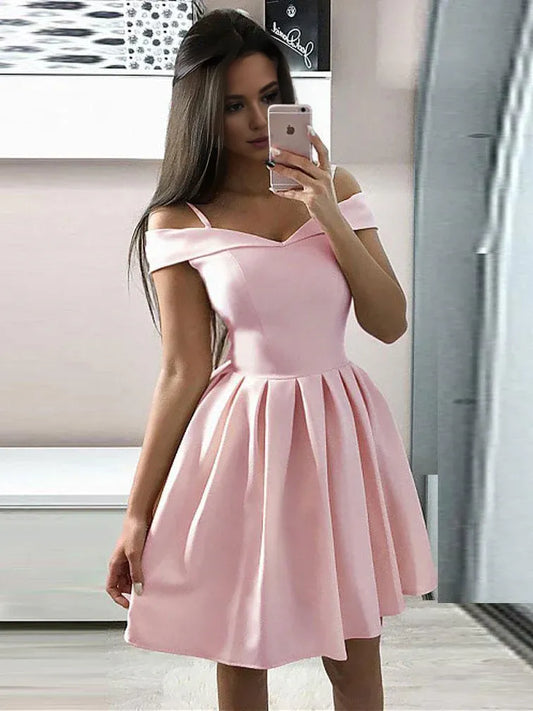Amzcw Simple pink off shoulder satin short prom dress pink homecoming dress formal wear dresses