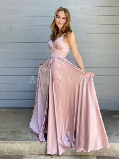 Amzcw Simple pink satin long prom dress pink evening dress formal wear dresses