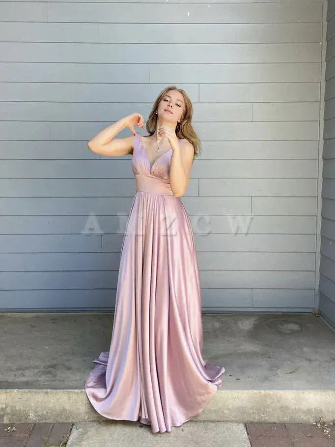 Amzcw Simple pink satin long prom dress pink evening dress formal wear dresses