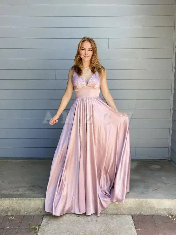 Amzcw Simple pink satin long prom dress pink evening dress formal wear dresses