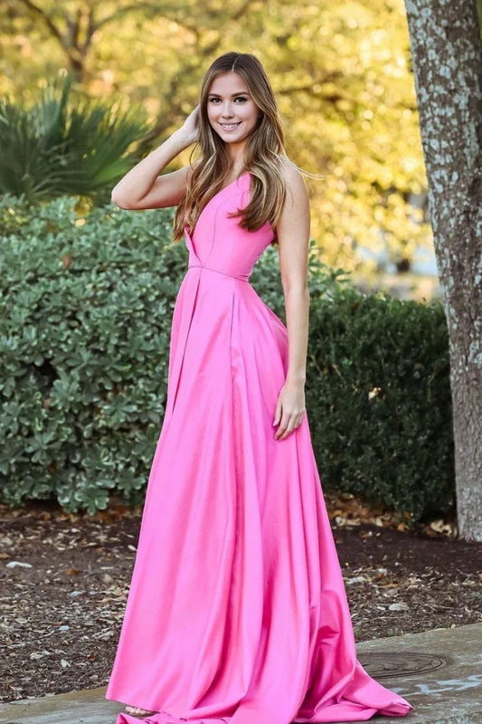 Amzcw Simple pink satin long prom dress pink satin long evening dress formal wear dresses