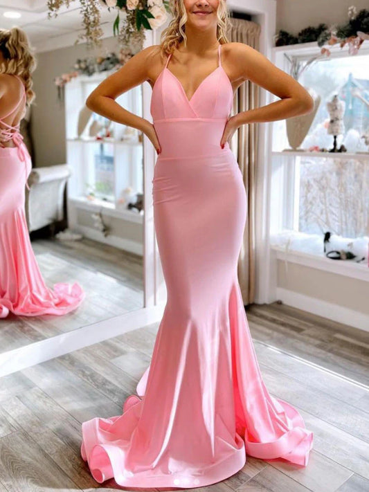 Amzcw Simple pink satin mermaid long prom dress pink evening dress stores with prom dresses