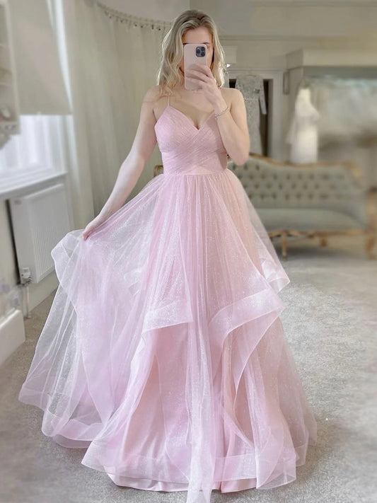 Amzcw Simple pink v neck tulle long prom dress pink tulle formal dress formal wear dresses