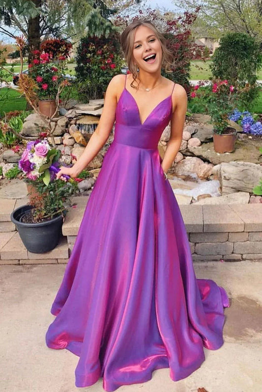 Amzcw Simple purple red satin long prom dress purple evening dress formal wear dresses