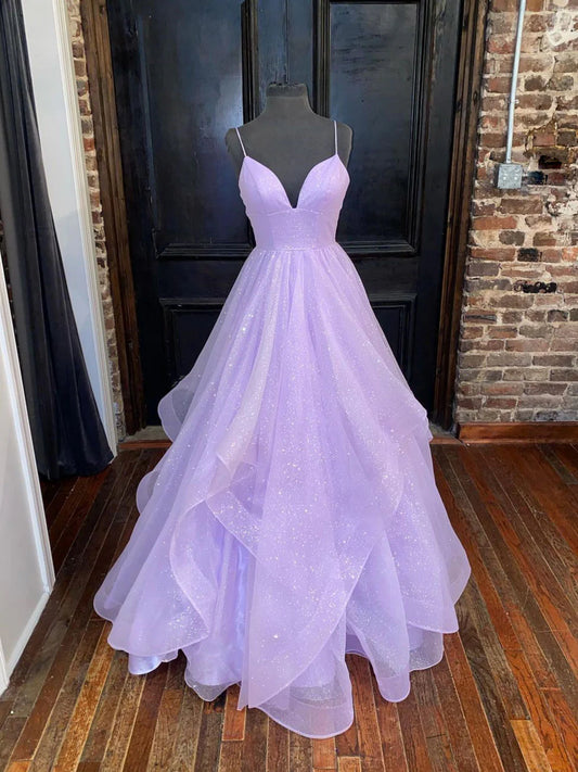 Amzcw Simple purple tulle sequin long prom dress purple evening dress formal wear dresses