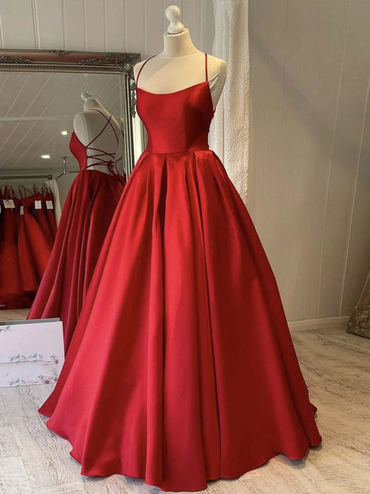 Amzcw Simple red satin long prom dress red evening dress formal wear dresses