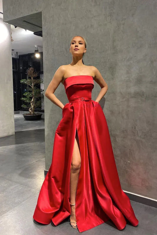 Amzcw Simple red satin long prom dress red evening dress formal wear dresses