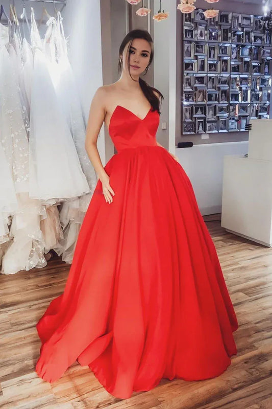 Amzcw Simple red satin long prom dress red evening dress formal wear dresses prom shop dresses