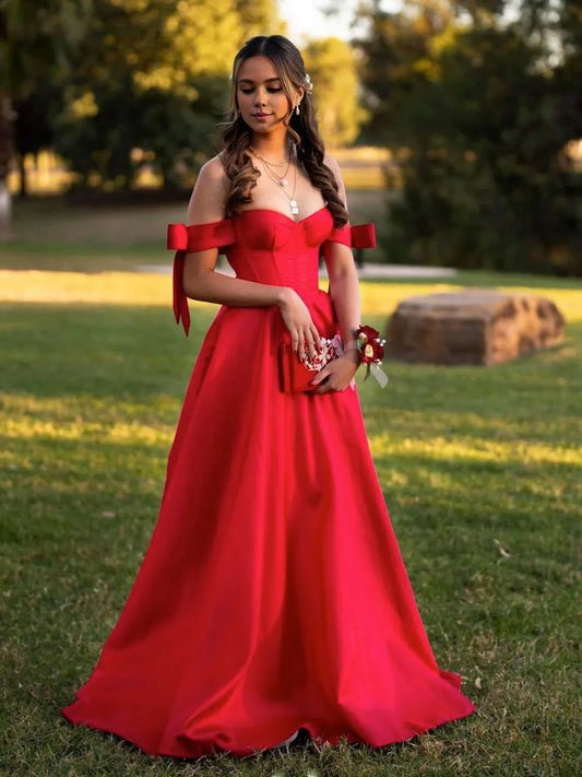 Amzcw Simple red satin long prom dress red satin evening dress formal wear dresses ﻿