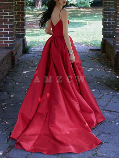 Amzcw Vestido de fiesta largo de satén con escote en V rojo sencillo, vestido de noche rojo, vestidos formales 