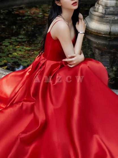Amzcw Vestido de fiesta largo de satén con escote en V rojo sencillo, vestido de noche rojo, vestidos formales 