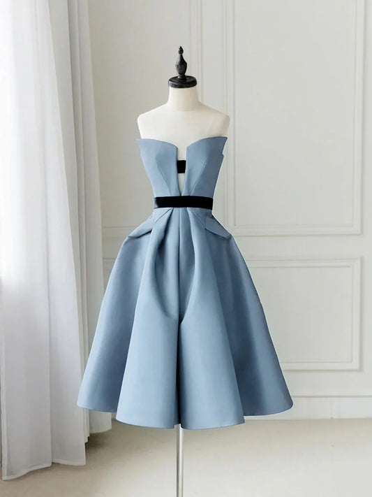 Amzcw Vestido de fiesta corto azul satinado sencillo, vestido de fiesta azul, vestidos formales 