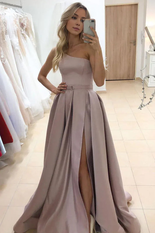 Amzcw Simple satin one shoulder long prom dress formal dress formal wear dresses