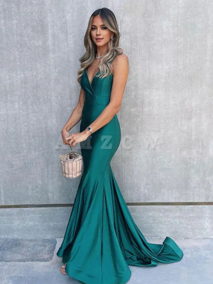 Amzcw Vestido de fiesta largo verde sirena con escote en V y sencillo, vestido de noche verde, vestidos formales 