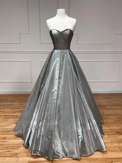 Amzcw Vestido de fiesta largo gris satinado con escote corazón sencillo, vestido de fiesta formal gris, tiendas de vestidos de fiesta 