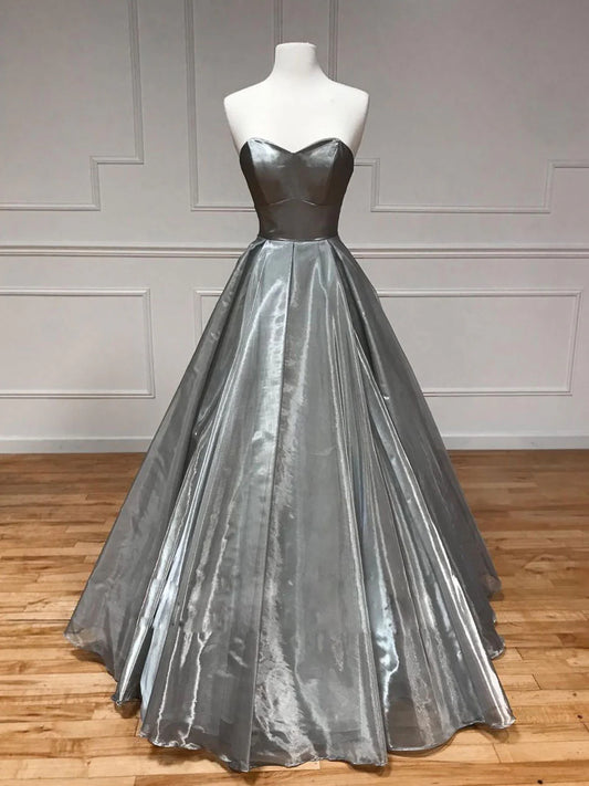 Amzcw Vestido de fiesta largo gris satinado con escote corazón sencillo, vestido de fiesta formal gris, tiendas de vestidos de fiesta 