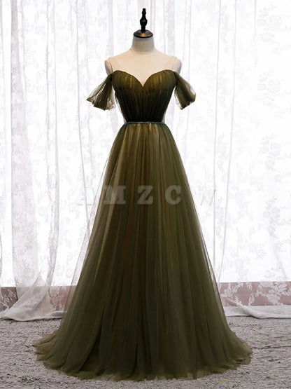 Amzcw Simple sweetheart tulle green long prom dress green evening dress stores with prom dresses
