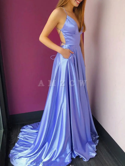 Amzcw Simple v neck backless long prom dress A line long evening dress formal wear dresses