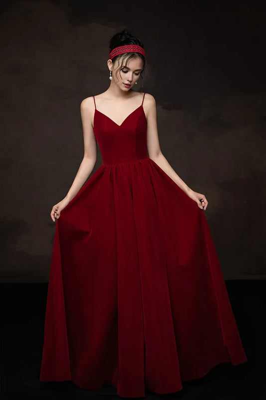 Amzcw Simple v neck burgundy long prom dress burgundy bridesmaid dress formal wear dresses
