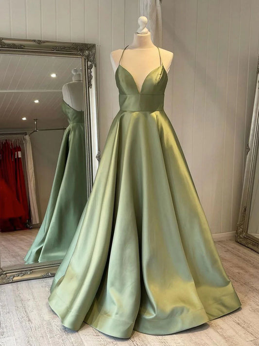 Amzcw Simple v neck green satin long prom dress green evening dress formal wear dresses