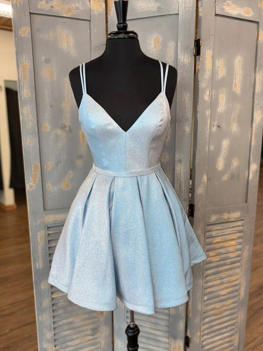 Amzcw Simple v neck light blue short prom dress blue homecoming dress stores with prom dresses ﻿