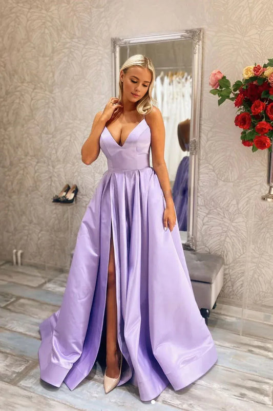 Amzcw Simple v neck purple satin long prom dress purple evening dress formal wear dresses