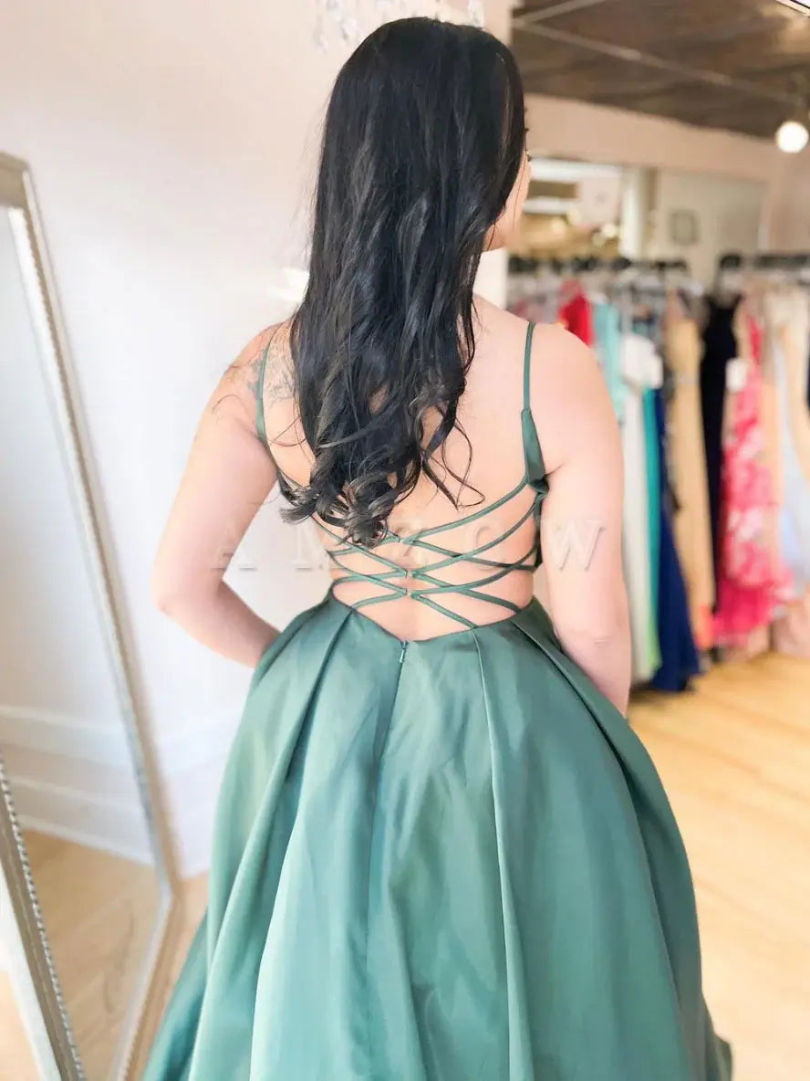 Amzcw Simple v neck satin green long prom dress green long evening dress formal wear dresses