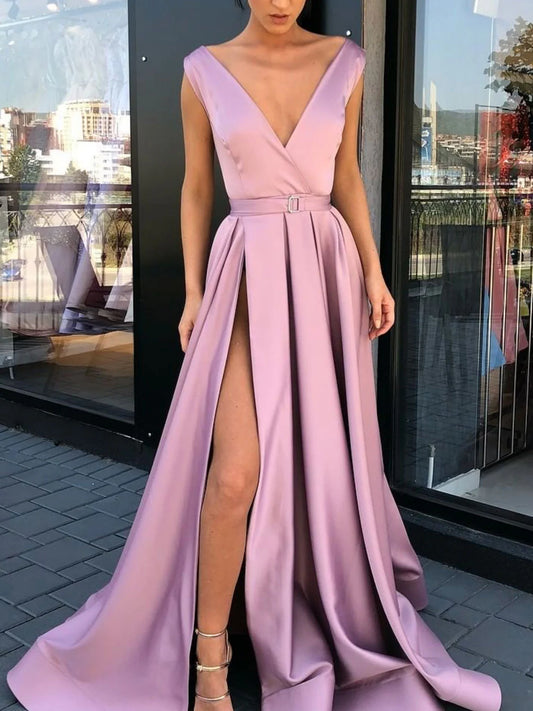 Amzcw Simple v neck satin long prom dress pink evening dress formal wear dresses ﻿