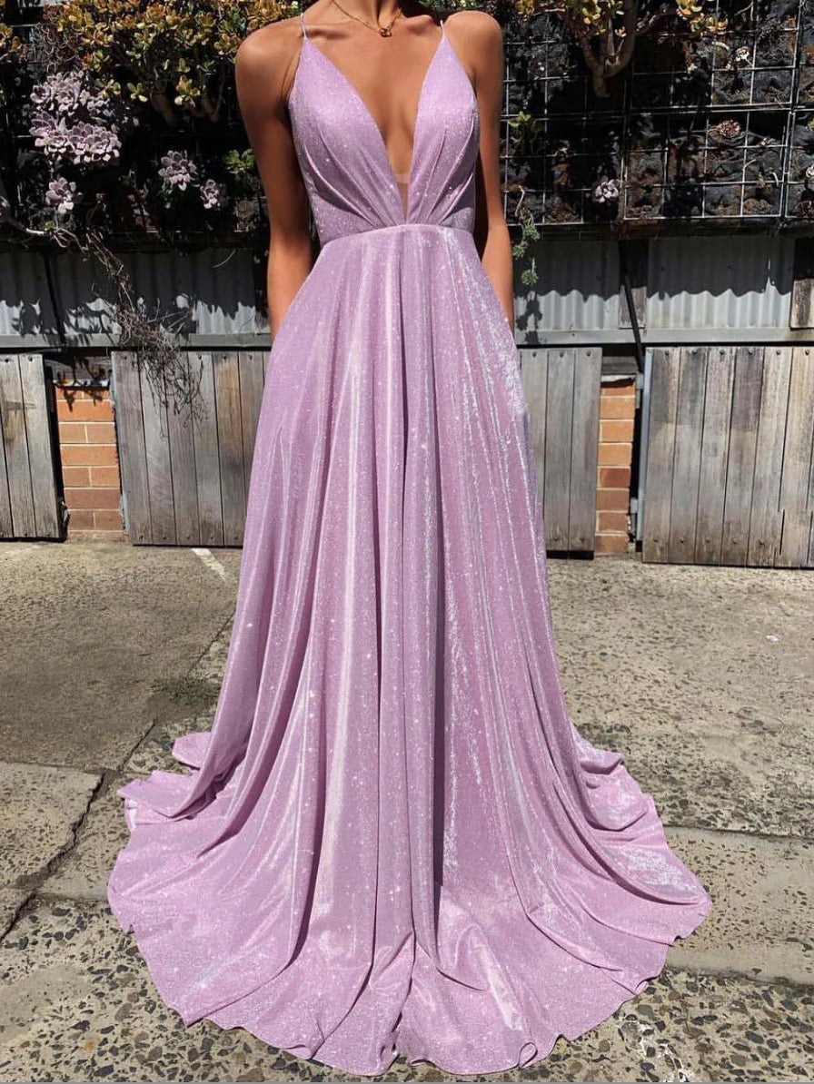 Amzcw Simple v neck satin long prom dress purple long evening dress formal wear dresses
