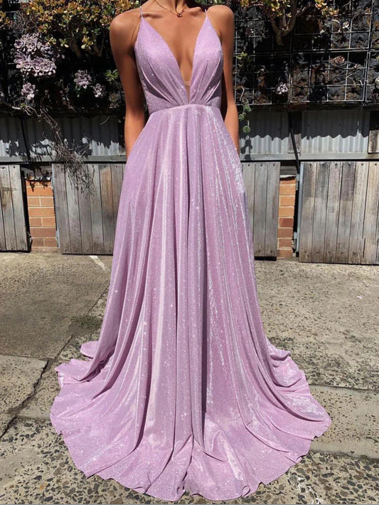 Amzcw Simple v neck satin long prom dress purple long evening dress formal wear dresses