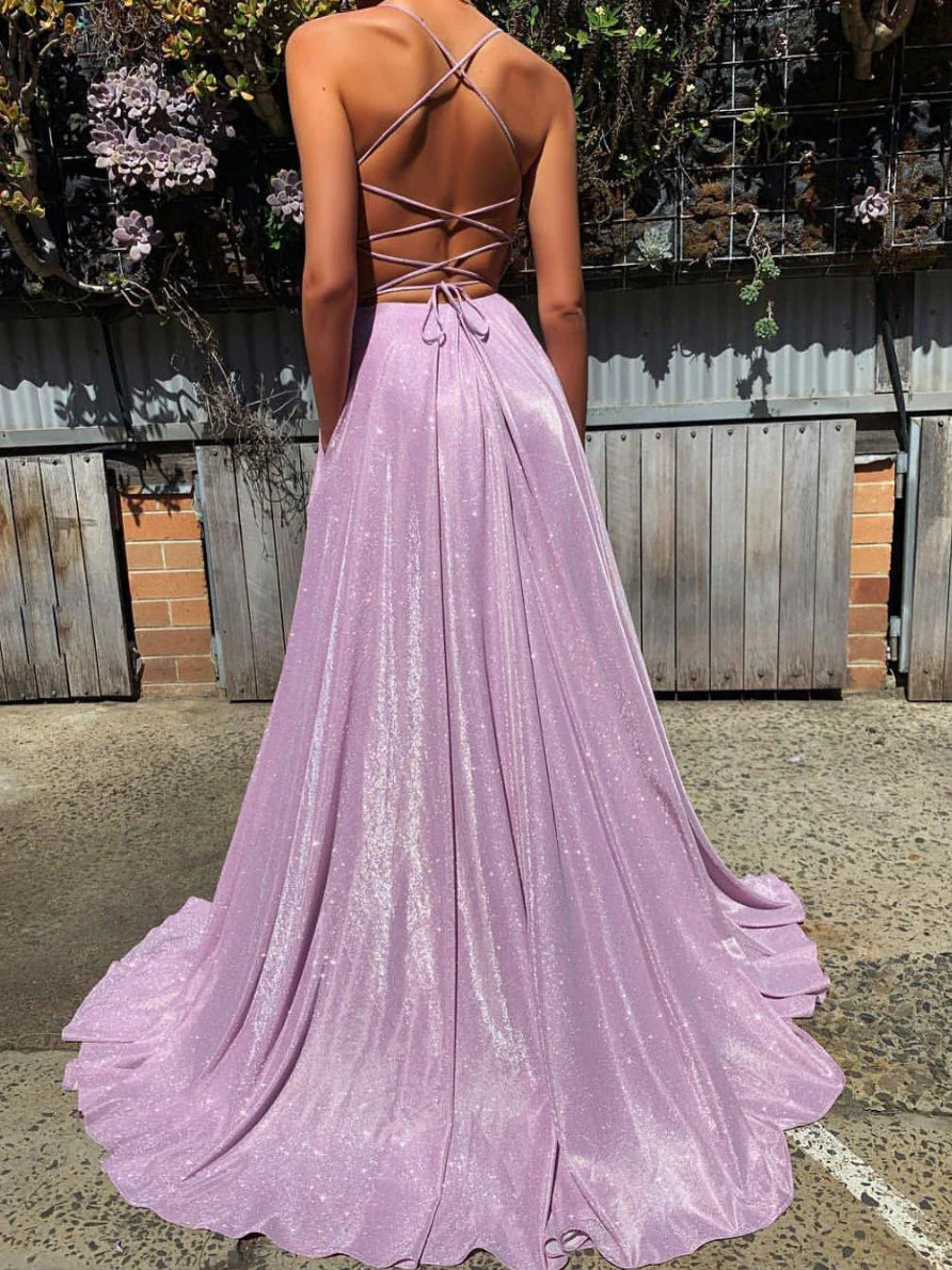 Amzcw Simple v neck satin long prom dress purple long evening dress formal wear dresses