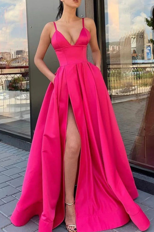 Amzcw Simple v neck satin long prom dress satin evening dress New Arrivals