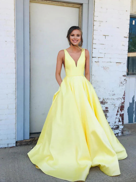 Amzcw Simple v neck satin long prom dress yellow evening dress stores with prom dresses