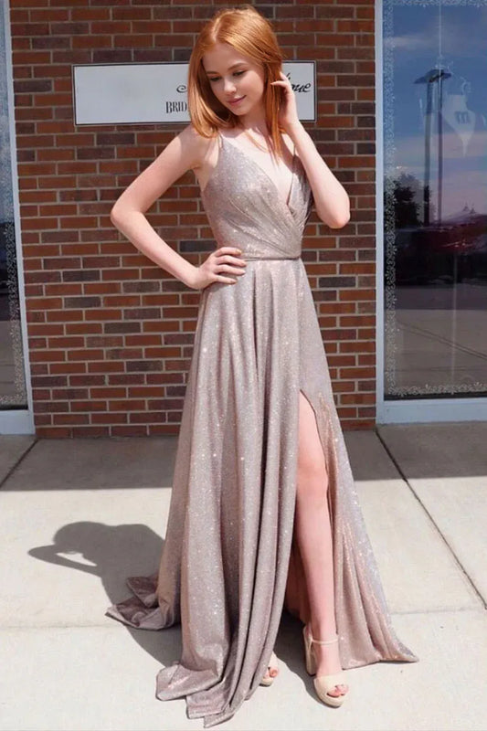 Amzcw Simple v neck sequin satin long prom dress sequin evening dress formal wear dresses