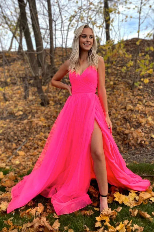 Amzcw Simple v neck tulle pink tulle formal dress pink tulle prom dress formal wear dresses