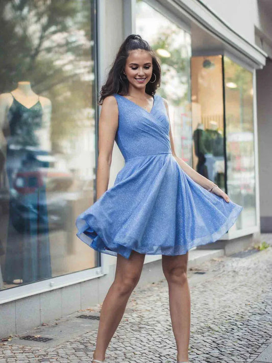 Amzcw Simple v neck tulle short prom dress blue tulle homecoming dress stores with prom dresses