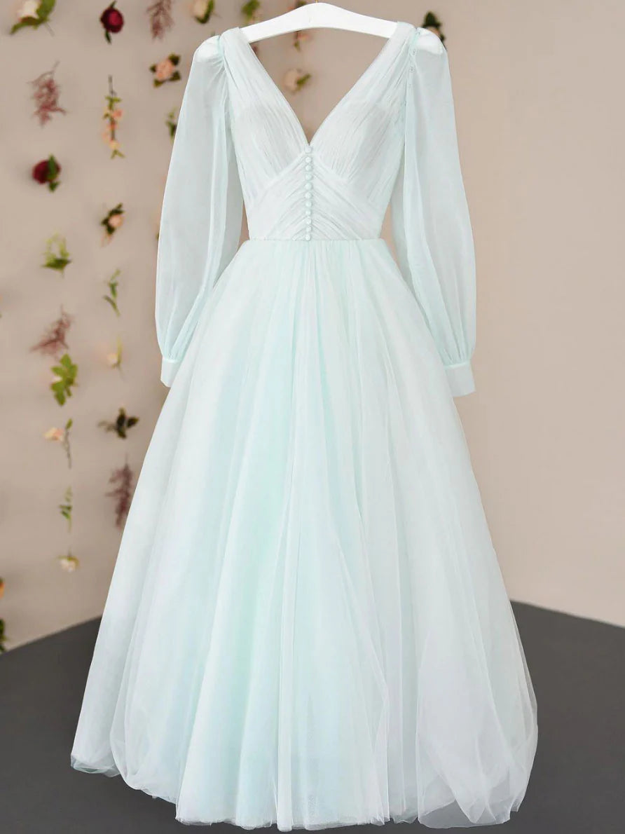 Amzcw Simple v neck tulle tea length prom dress tulle formal dress formal wear dresses ﻿