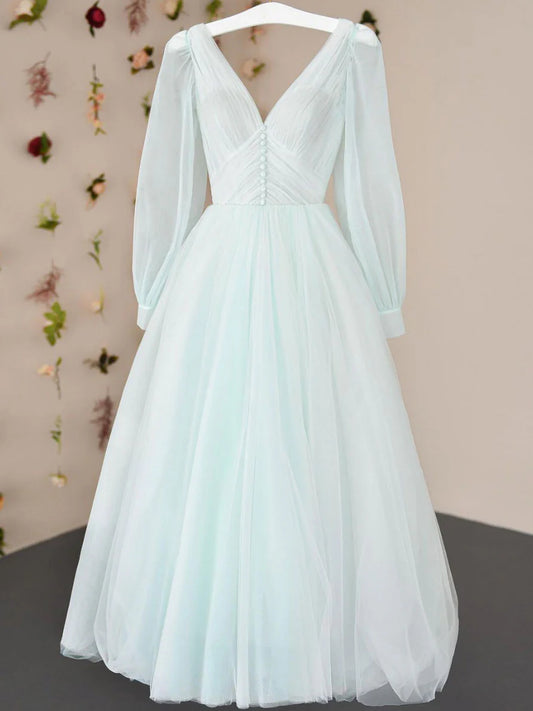 Amzcw Simple v neck tulle tea length prom dress tulle formal dress formal wear dresses ﻿