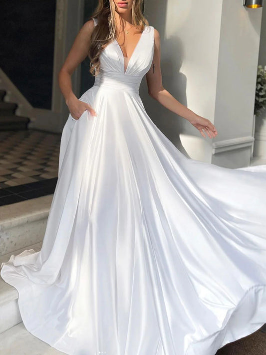 Amzcw Simple v neck white Aline satin long prom dress white evening dress formal wear dresses
