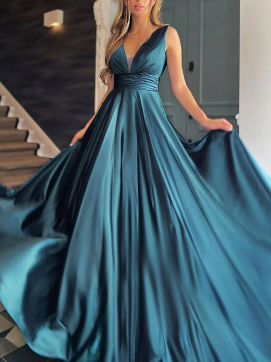Amzcw Simple v neck white Aline satin long prom dress white evening dress formal wear dresses
